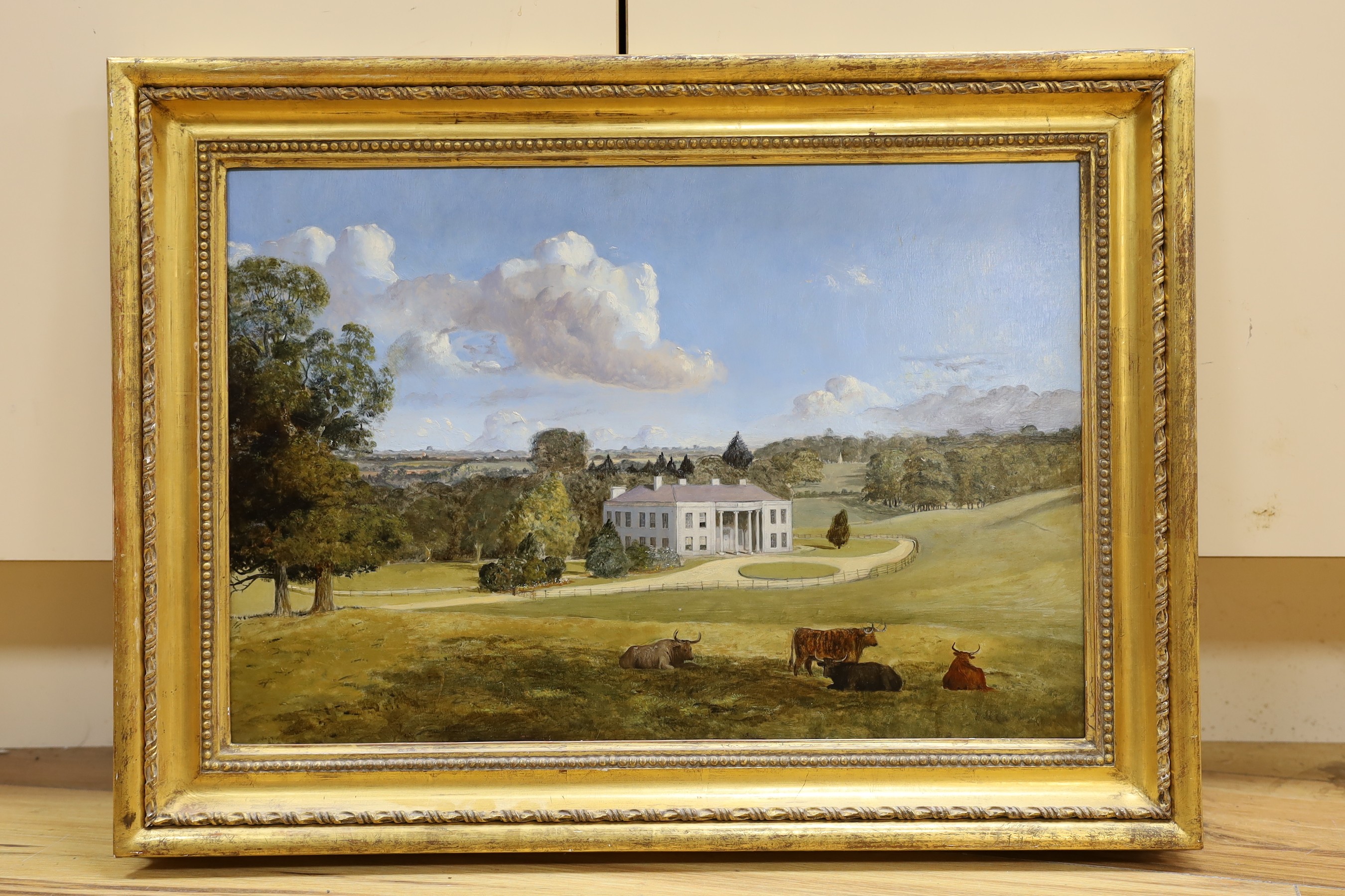 19th century English School, oil on panel, Country house with cattle in parkland, 32 x 47cm